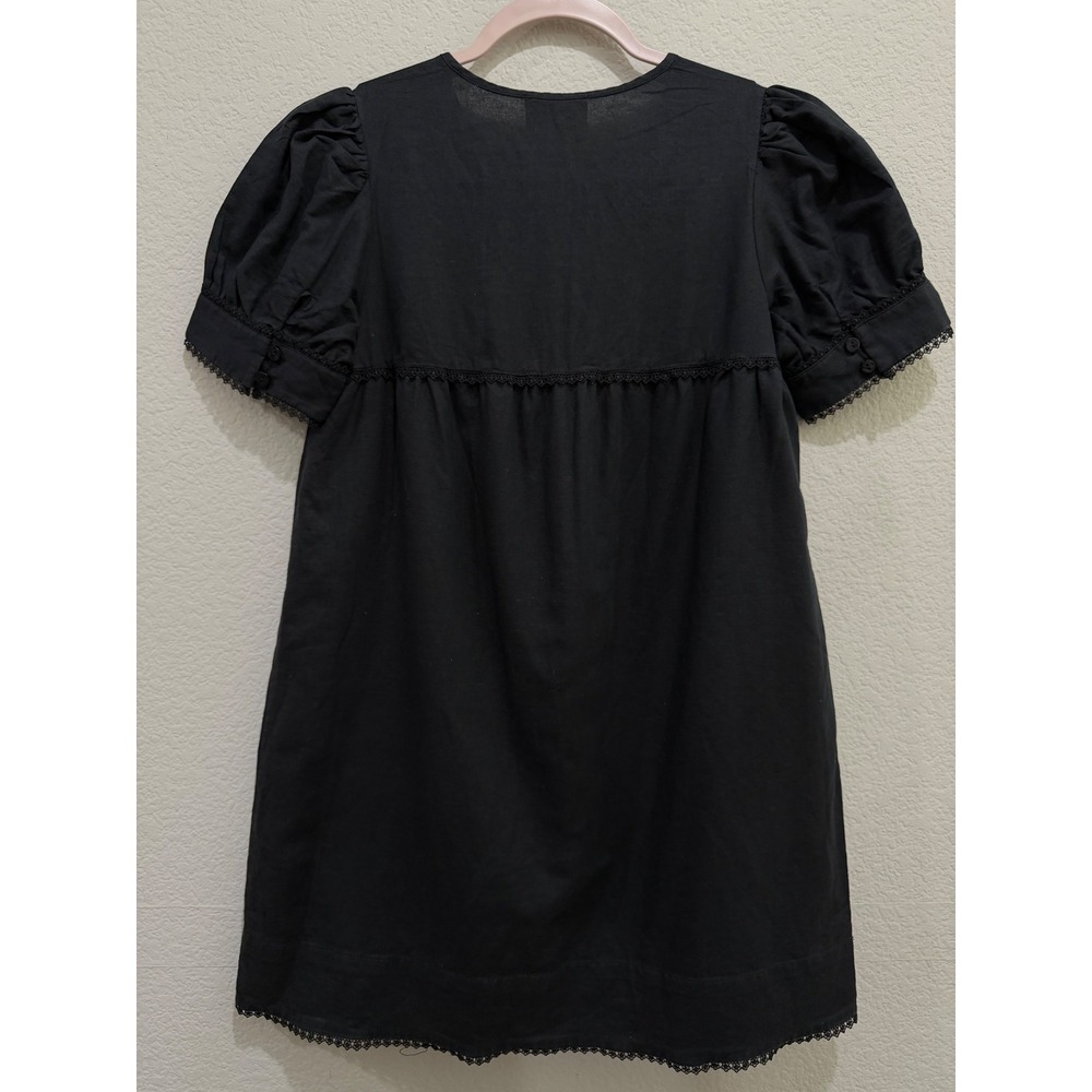 Tuckernuck Linen Babydoll Mini Dress Black XS Puff Sleeve V-neck Relaxed Casual - Picture 3 of 7